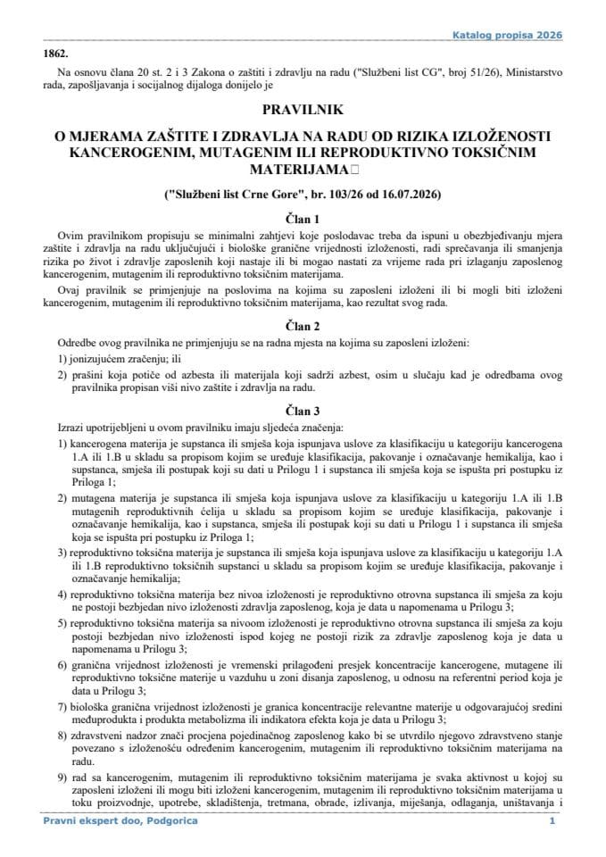 Pravilnik o mjerama zaštite i zdravlja na radu od rizika izloženosti kancerogenim mutagenim ili reproduktivno toksičnim materijama