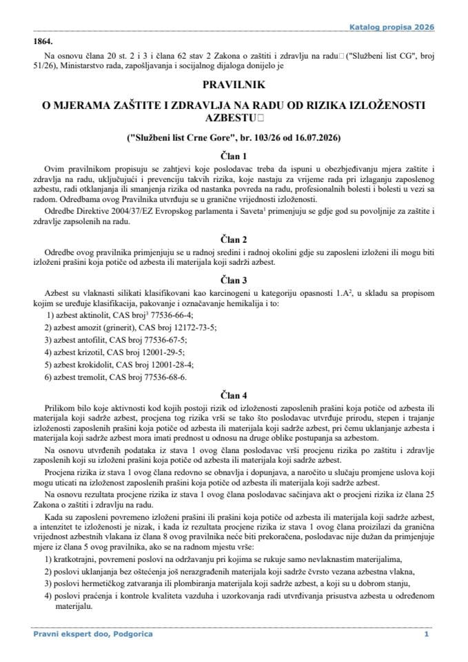 Pravilnik o mjerama zaštite i zdravlja na radu od rizika izloženosti azbestu