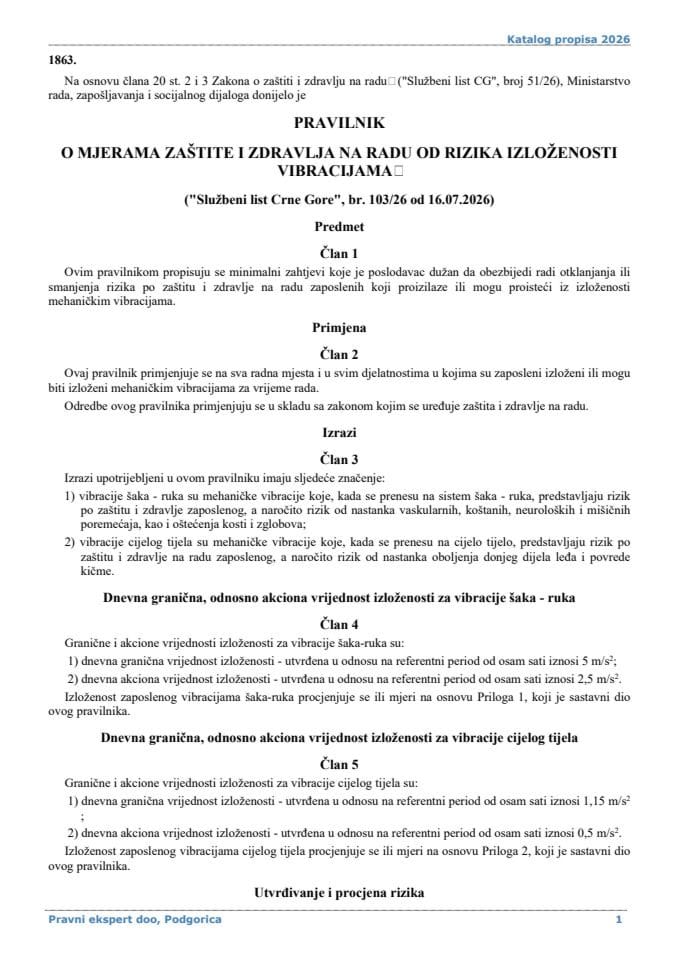 Pravilnik o mjerama zaštite i zdravlja na radu od rizika izloženosti vibracijama