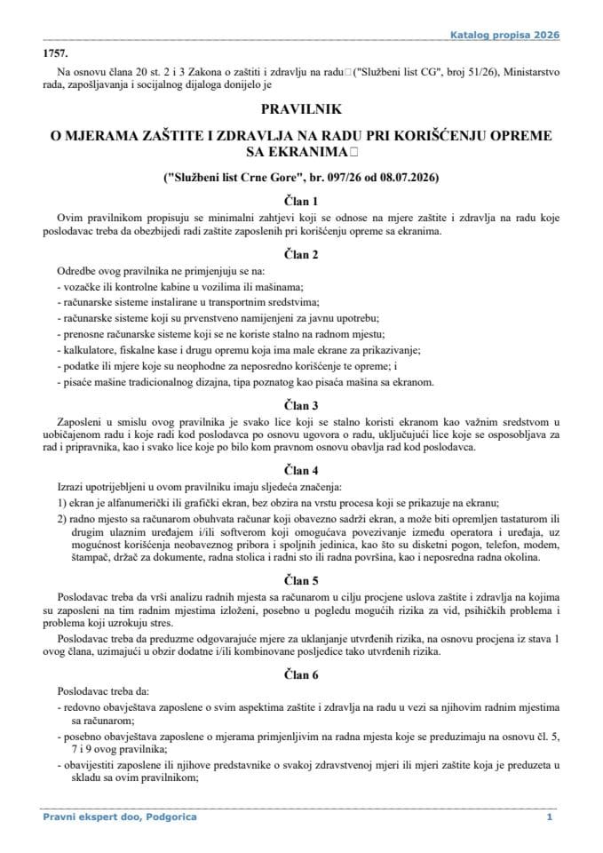 Pravilnik o mjerama zaštite i zdravlja na radu pri korišćenju opreme sa ekranima