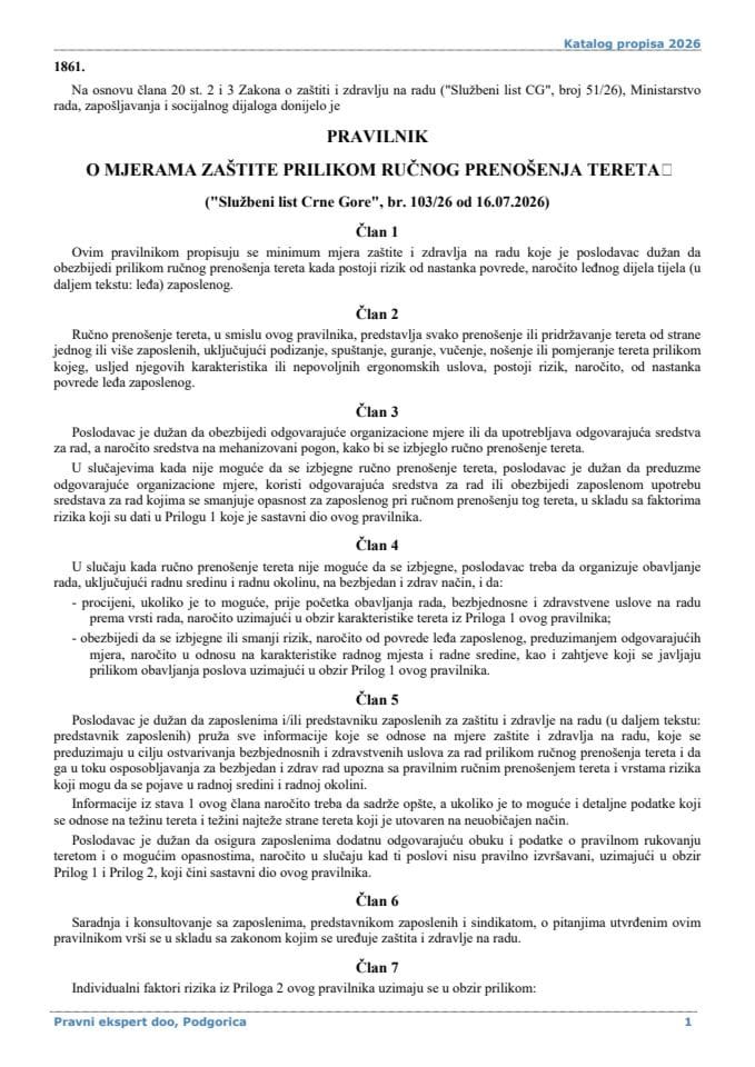 Pravilnik o mjerama zaštite prilikom ručnog prenošenja tereta