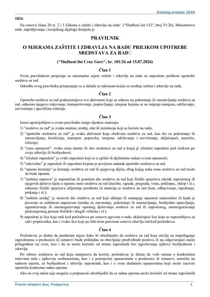 Pravilnik o mjerama zaštite i zdravlja na radu prilikom upotrebe sredstava za rad