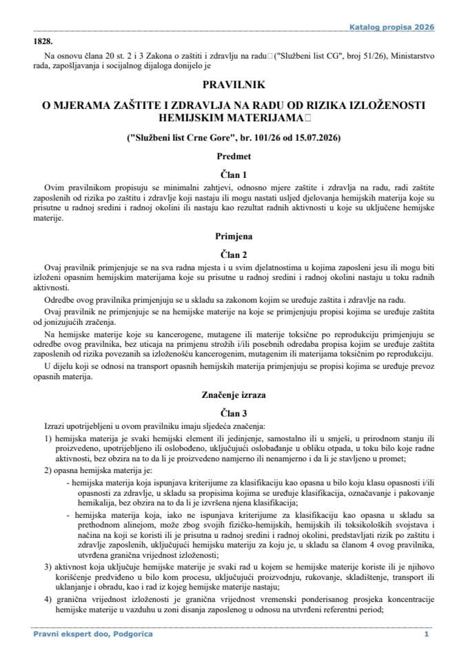 Pravilnik o mjerama zaštite i zdravlja na radu od rizika izloženosti hemijskim materijama