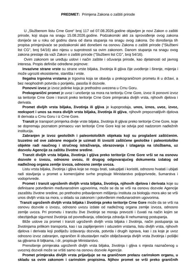 Primjena Zakona o zastiti prirode