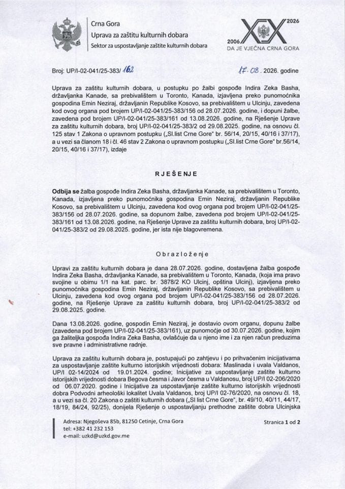 Rješenje o odbijanju žalbe UP-I-02-041-25-383-162 od 17.08.2026.