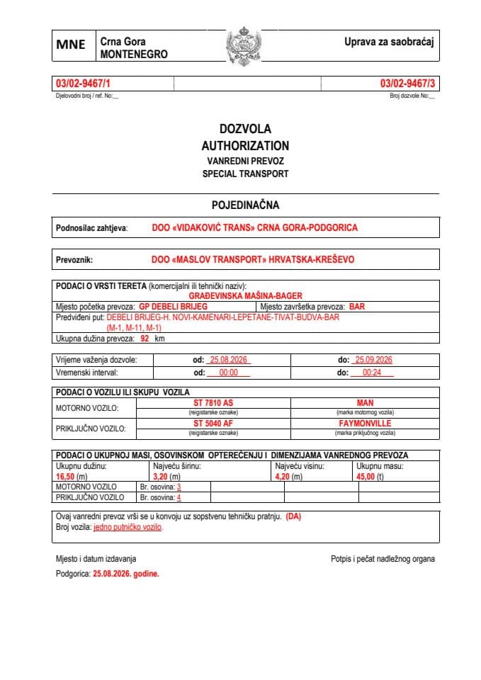 VIDAKOVIĆ TRANS 03-02-9467-MASLOV TRANSPORT