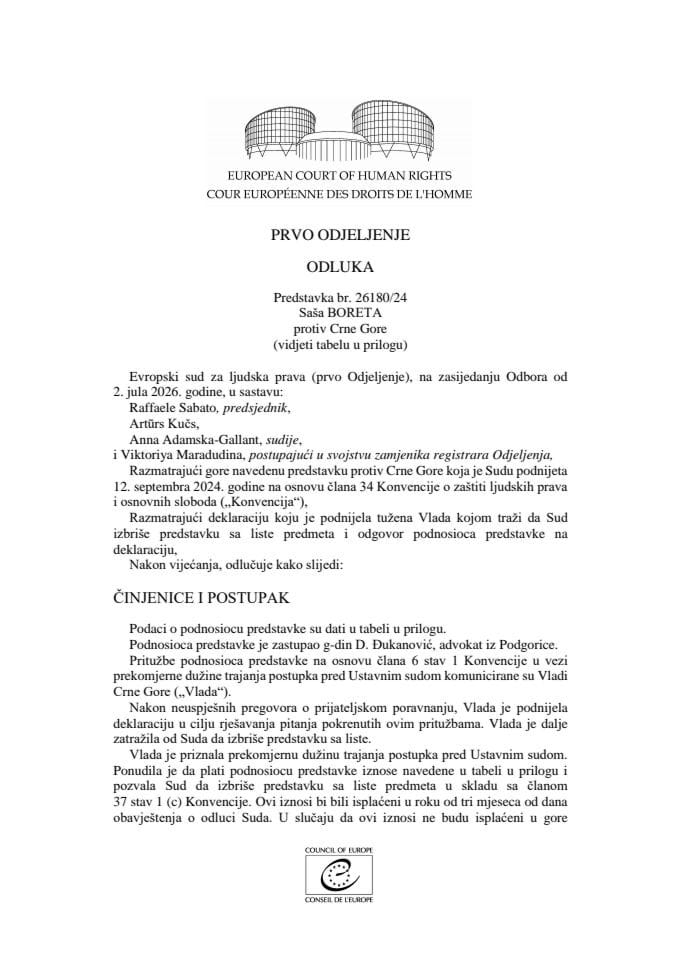 Odluka Boreta protiv Crne Gore - prevod