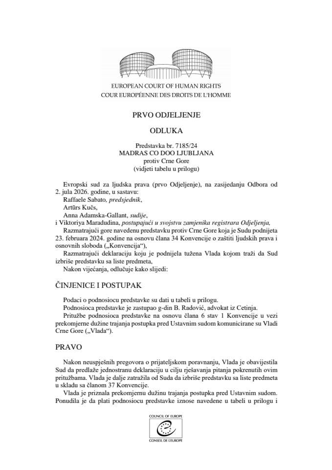 Odluka Madras Co Doo Ljubljana protiv Crne Gore - prevod