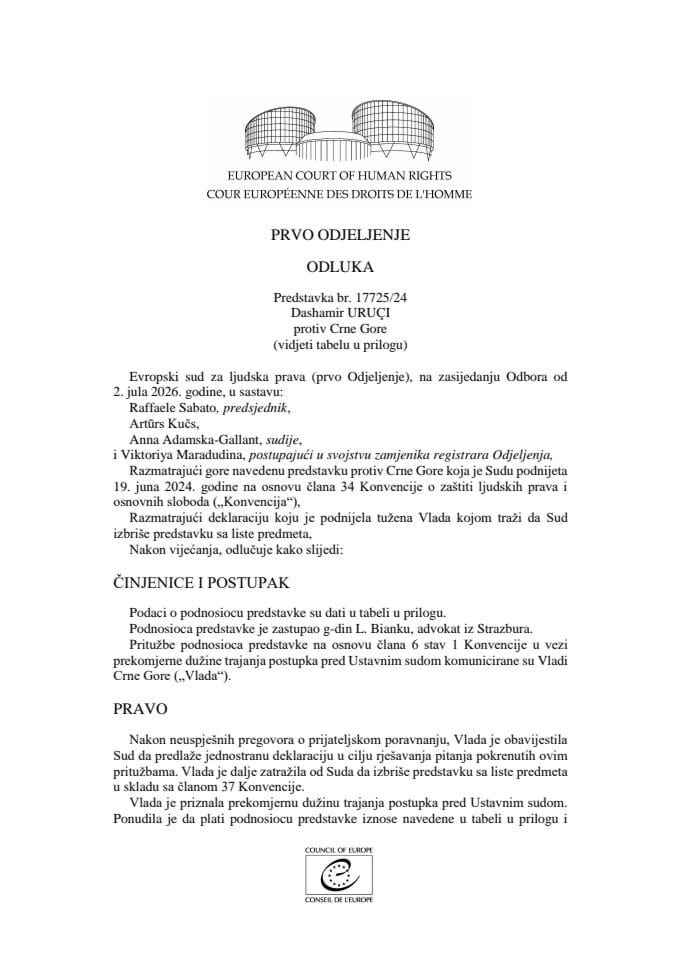 Odluka Uruçi protiv Crne Gore - prevod