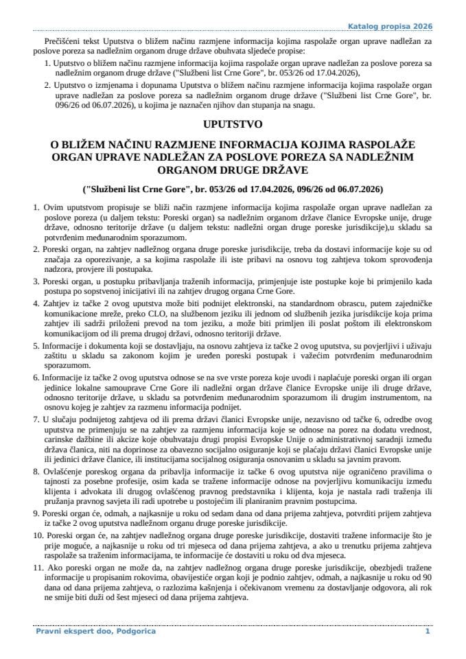 Uputstvo o bližem načinu razmjene informacija kojima raspolaže organ uprave nadležan za poslove poreza sa nadležnim organom druge države