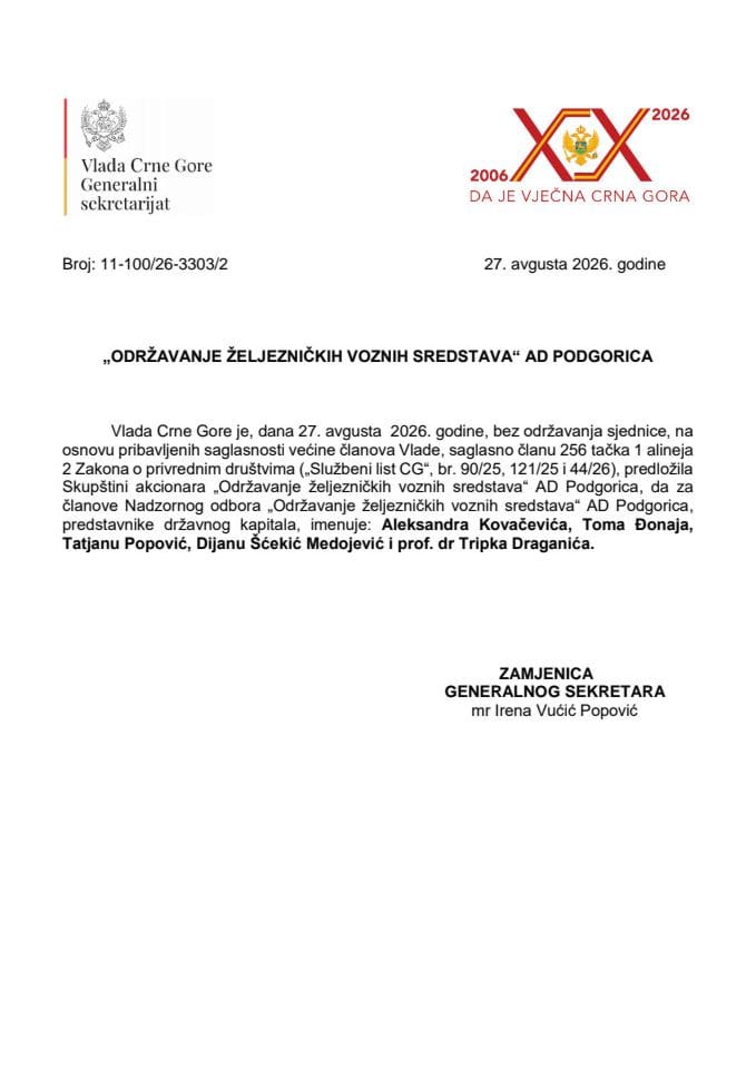 Predlog za imenovanje članova Nadzornog odbora „Održavanje željezničkih voznih sredstava“ AD Podgorica