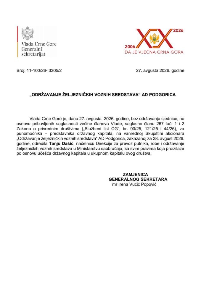 Predlog za određivanje punomoćnika-predstavnika državnog kapitala na vanrednoj Skupštini akcionara „Održavanje željezničkih voznih sredstava“ AD Podgorica