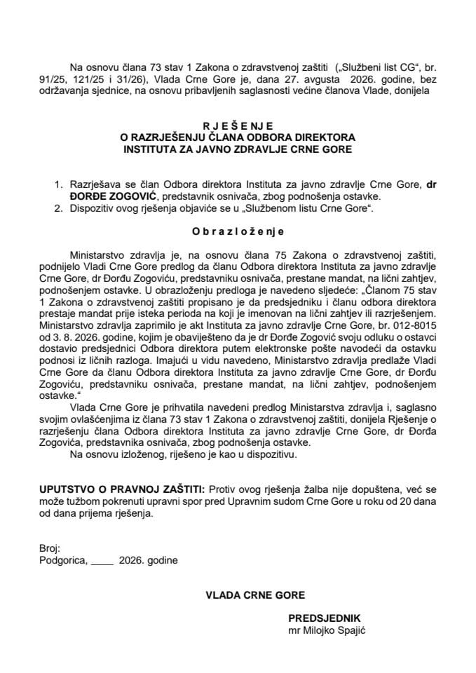 Predlog za razrješenje člana Odbora direktora Instituta za javno zdravlje Crne Gore