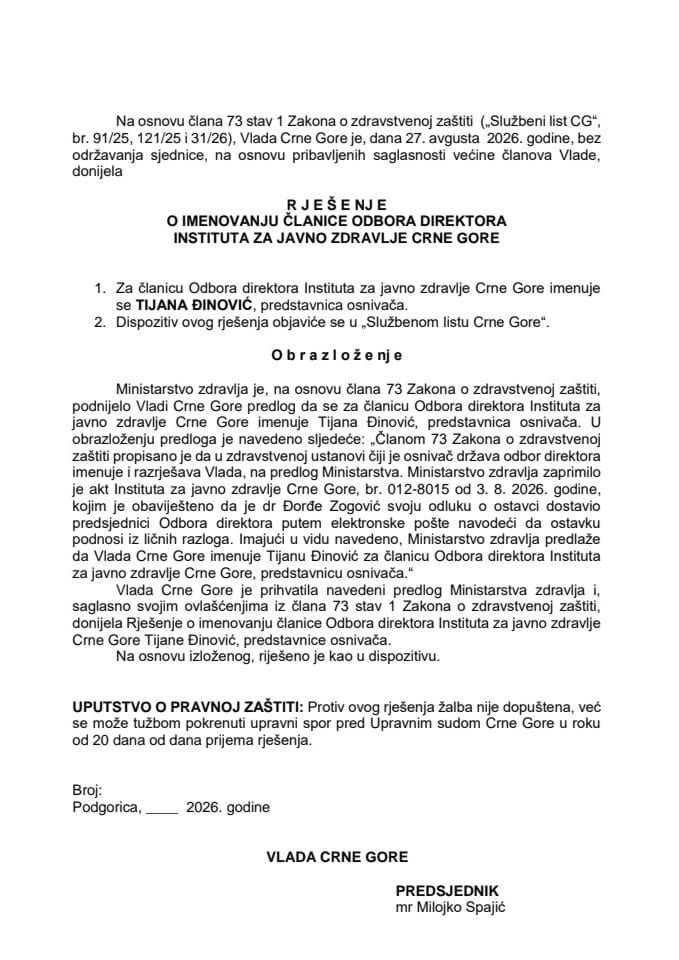 Predlog za imenovanje članice Odbora direktora Instituta za javno zdravlje Crne Gore