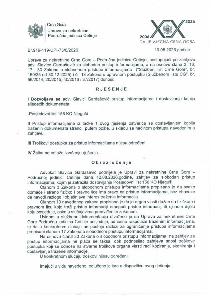 Rješenja o slobodnom pristupu informacijama - 28.08.2026.