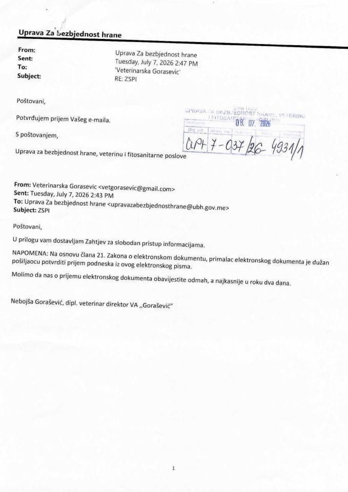 Rješenje UPI-7-037/26-4931/2 sa informacijom