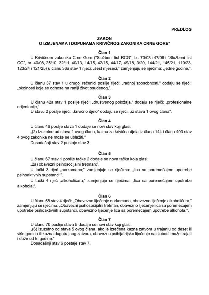 Предлог закона о измјенама и допунама Кривичног законика Црне Горе* с Извјештајем са јавне расправе