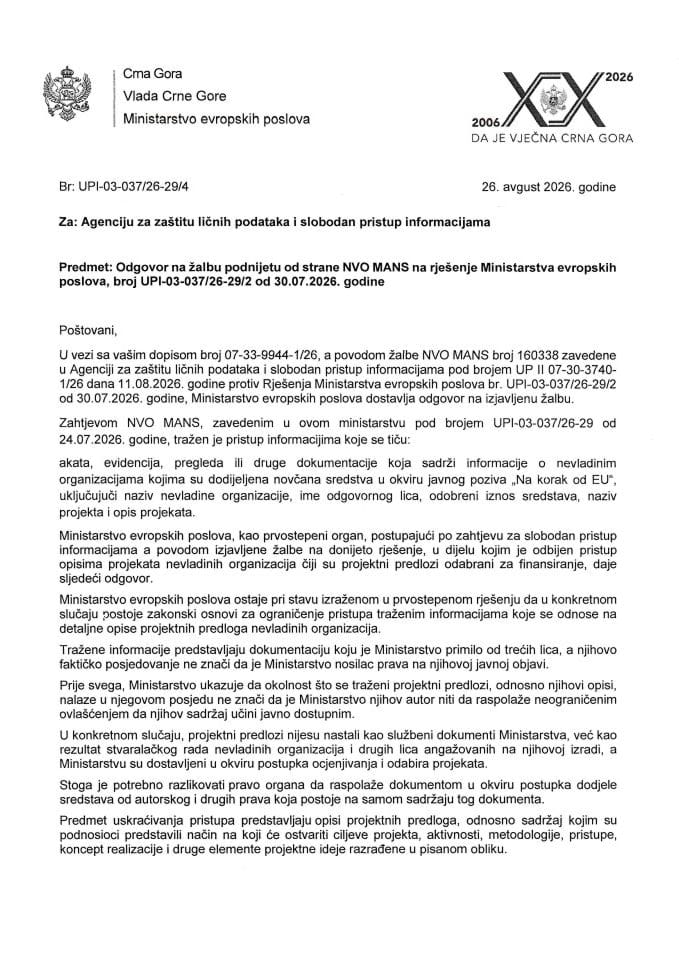Zahtjev za slobodan pristup informacijama Odgovor na žalbu MANS