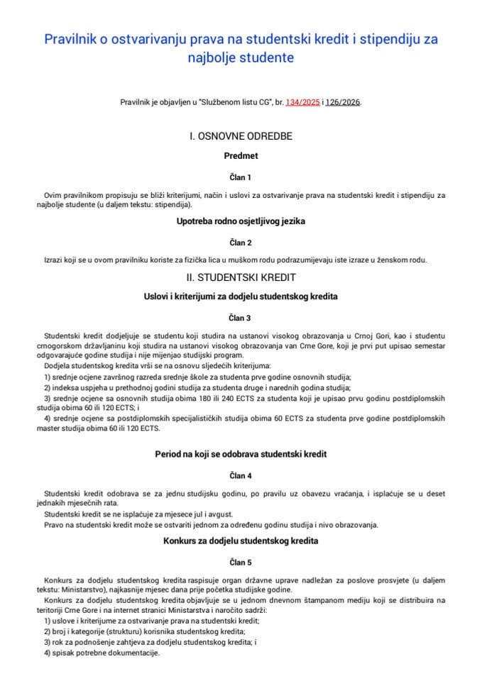 Pravilnik o ostvarivanju prava na studentski kredit i stipendiju za najbolje studente