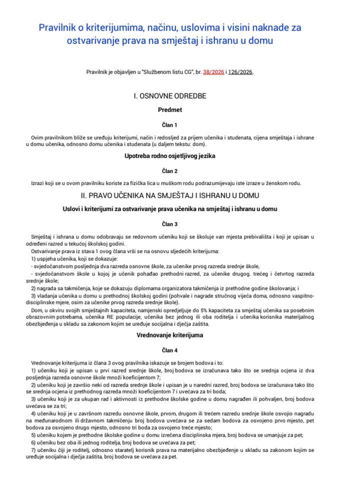 Pravilnik o kriterijumima, načinu, uslovima i visini naknade za ostvarivanje prava na smještaj i ishranu u domu