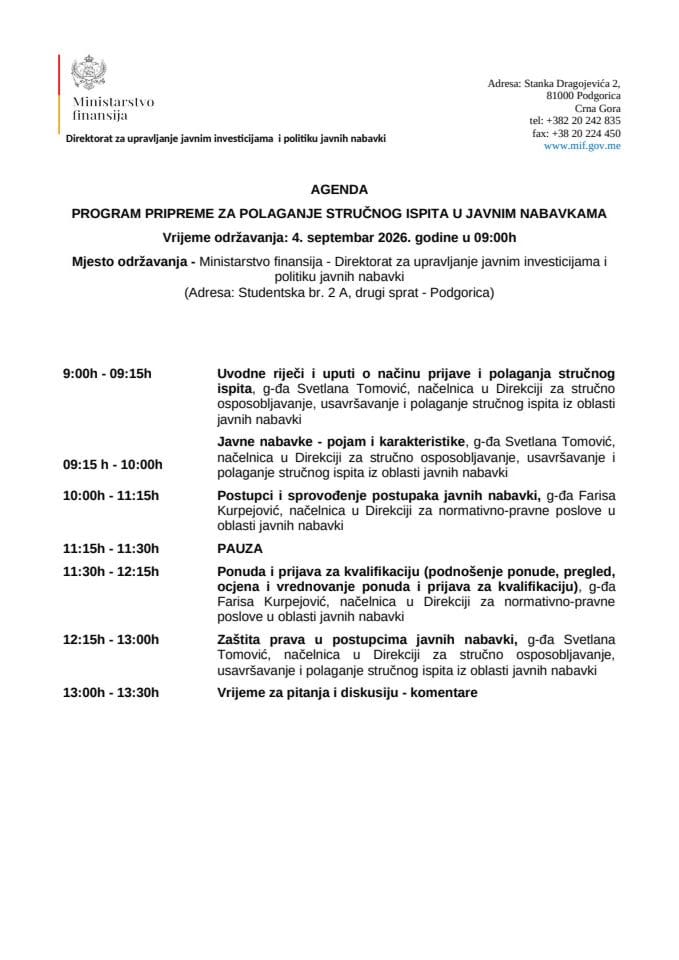 Agenda 4. septembar 2026. godine