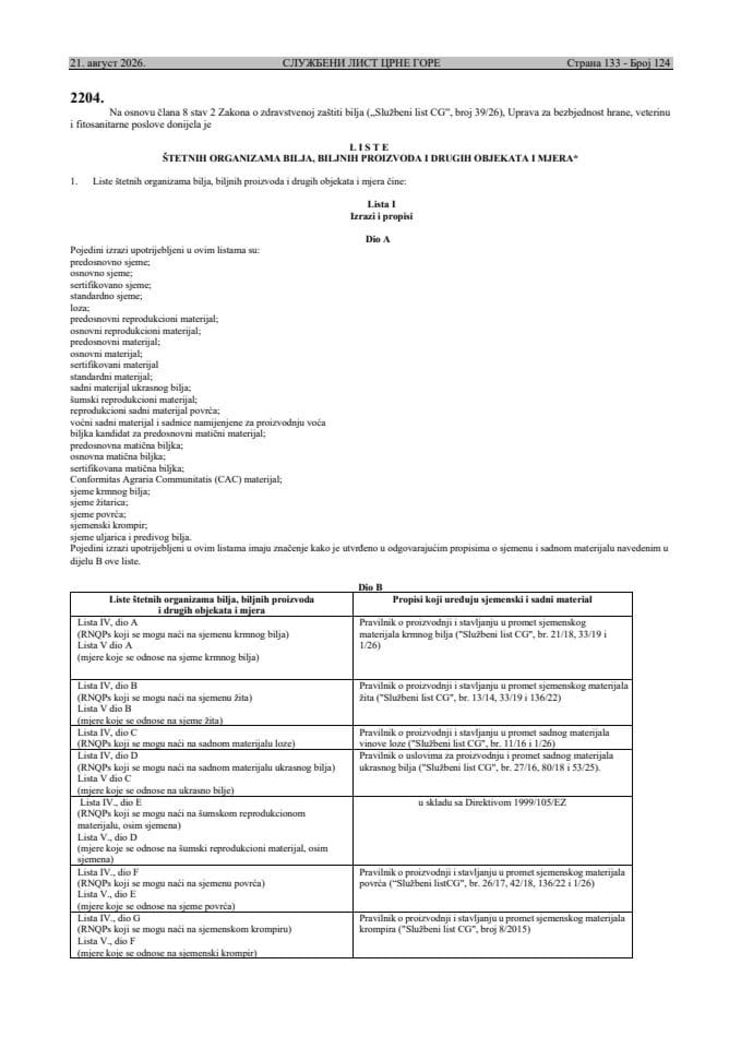 Liste štetnih organizama bilja, biljnih proizvoda i drugih objekata i mjera