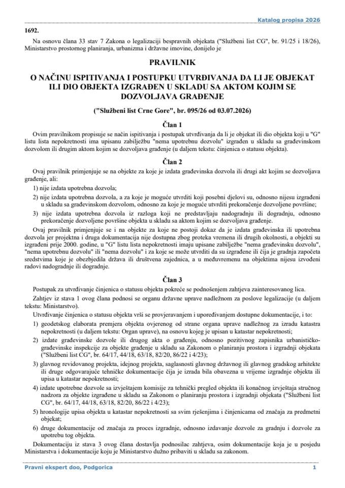 Pravilnik o nacinu ispitivanja i postupku utvrdjivanja da li je objekat ili dio objekta izgradjen u skladu sa aktom kojim se dozvoljava gradjenje