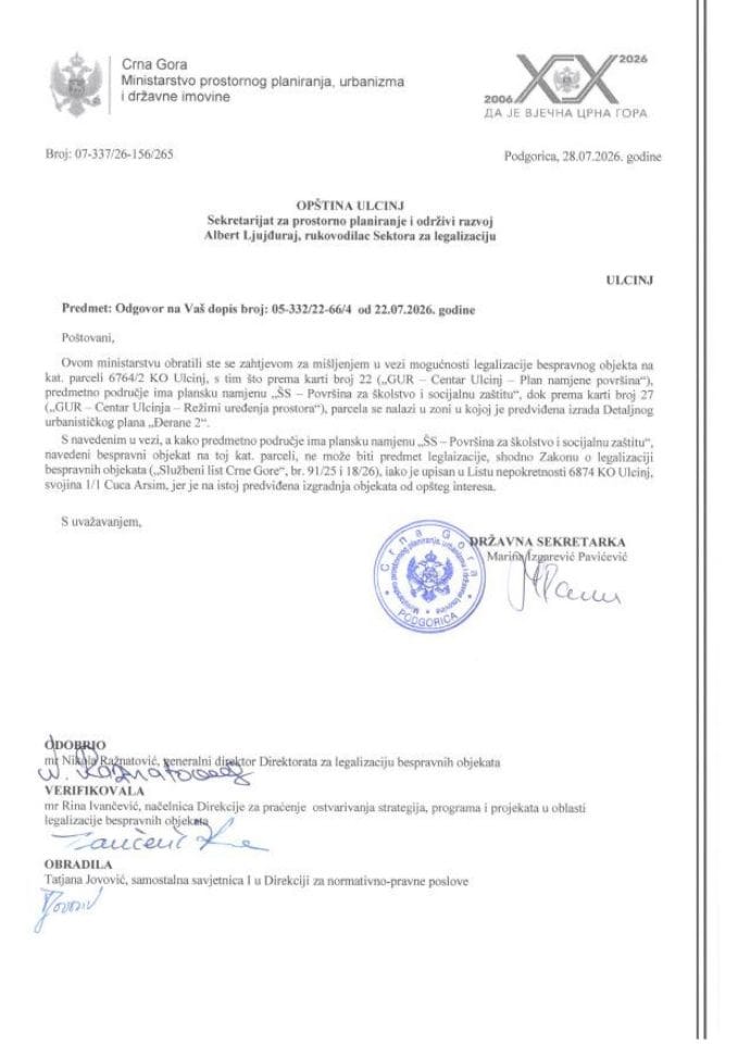 Legalizacija - 07-337-26-156-265 odgovor Opštini Ulcinj za kat. parcelu 6764-2 KO Ulcinj - školstvo