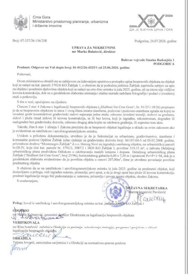 Legalizacija - 07-337-26-156-258 odgovor Upravi za nekretnine za kat. parcelu 3792-6 KO Žabljak