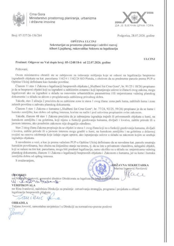 Legalizacija - 07-337-26-156-264 odgovor Opštini Ulcinj za kat. parcele 1162-4 i 1162-24 KO Pistula - šume