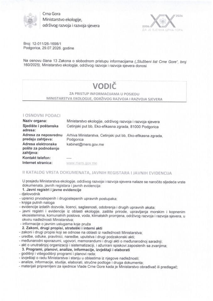 Vodič za pristup informacijama u posjedu Ministarstva ekologije, održivog razvoja i razvoja sjevera