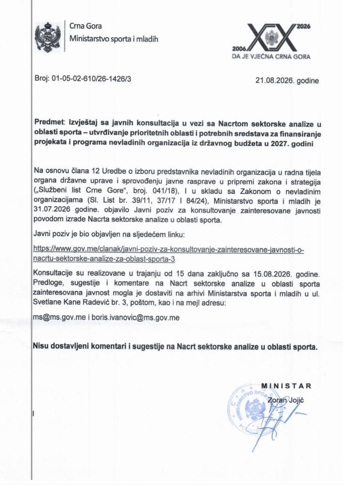 Izvještaj javne konsultacije NVO SPORT 2027