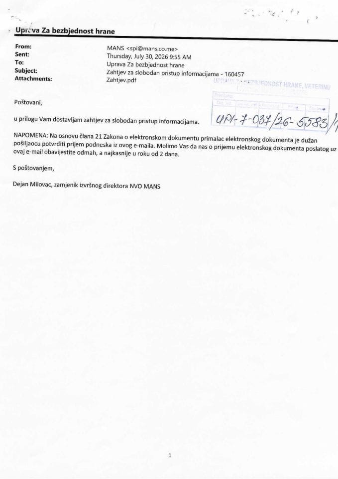 Zahtjev UPI-7-037/26-5583/1 sa informacijom