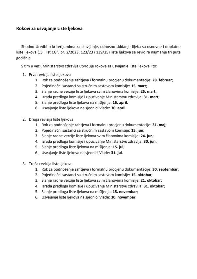 Rokovi za usvajanje Liste ljekova