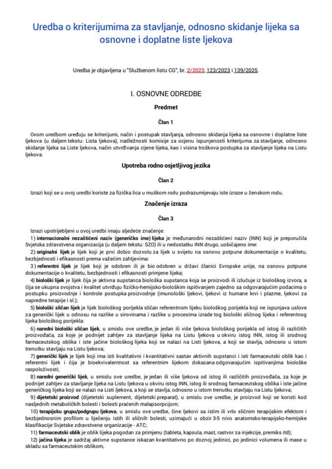 Uredba o kriterijumima za stavljanje, odnosno skidanje lijeka sa osnovne i doplatne liste ljekova