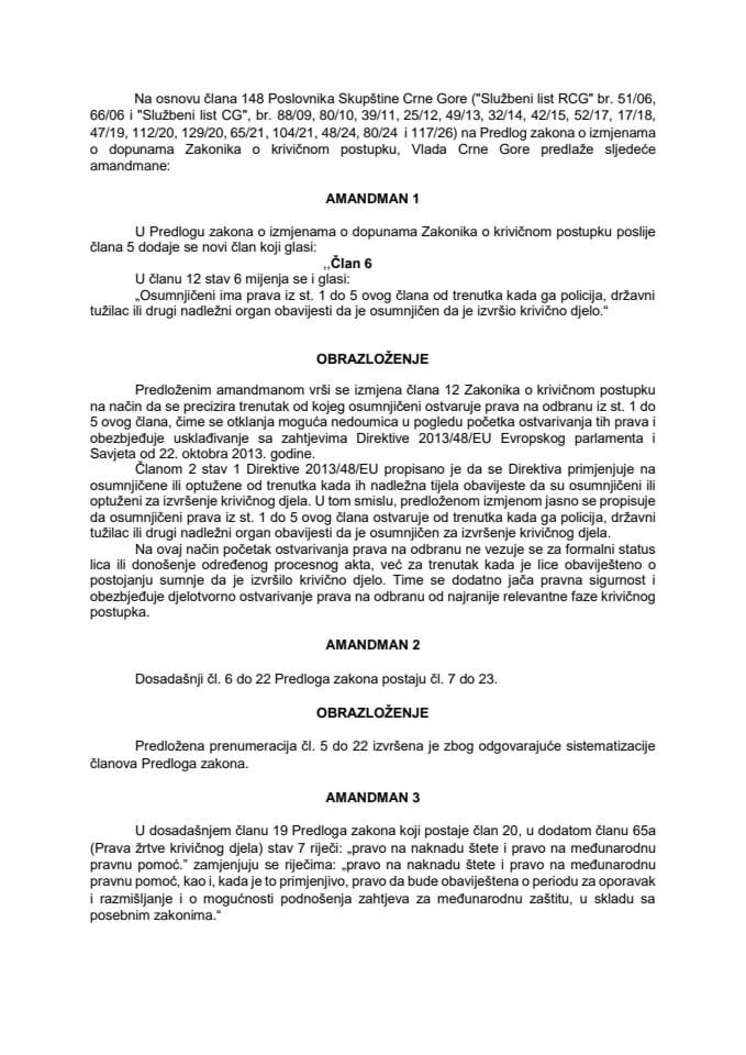 Predlog amandmana na Predlog zakona o izmjenama i dopunama Zakonika o krivičnom postupku