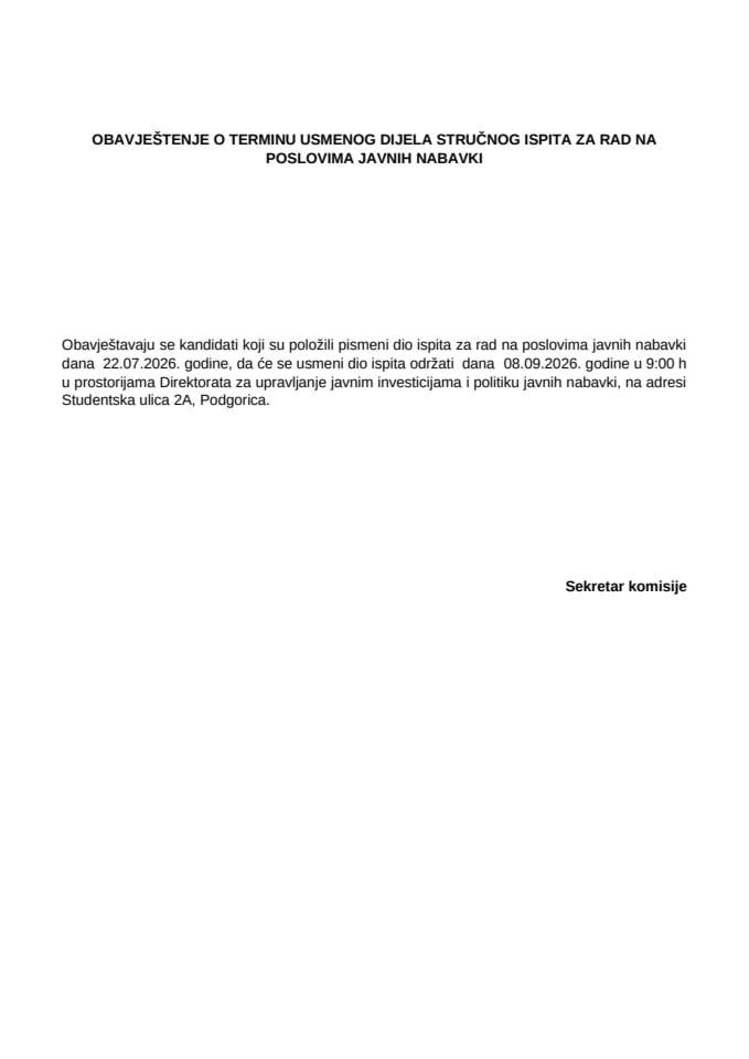 Обавјештење о термину усменог дијела стручног испита за рад на пословима јавних набавки