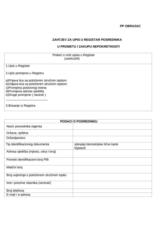 Obrazac zahtjeva za upis u Registar posrednika