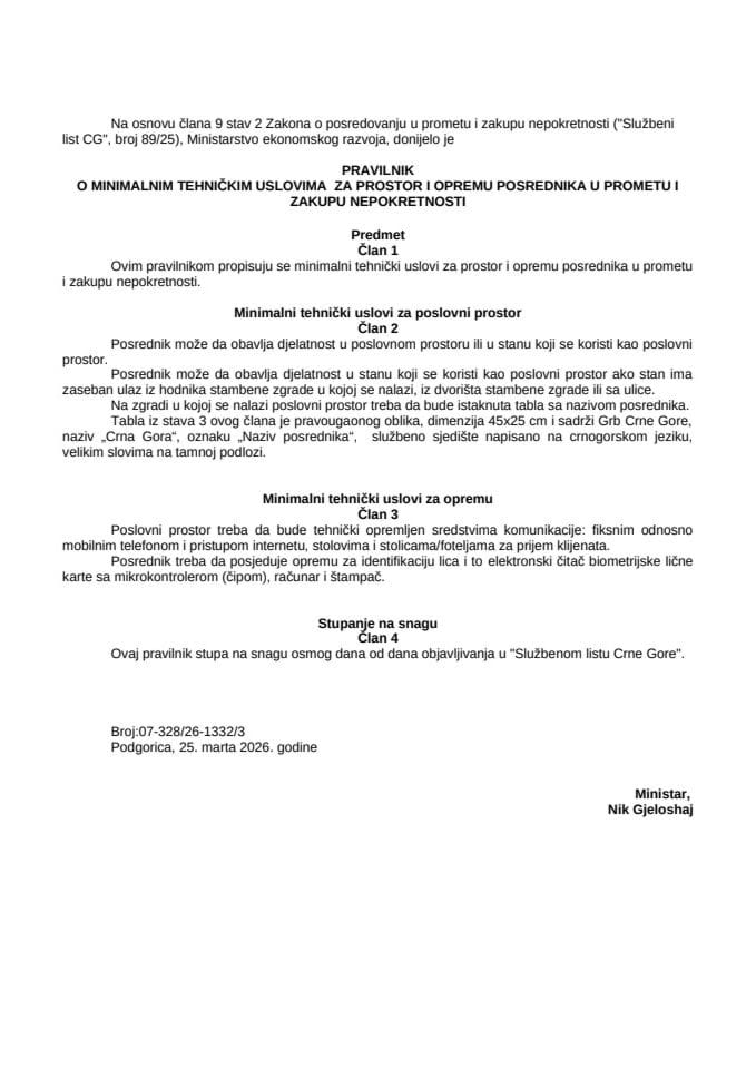 PRAVILNIK O MINIMALNIM TEHNIČKIM USLOVIMA ZA PROSTOR I OPREMU POSREDNIKA U PROMETU I ZAKUPU NEPOKRETNOSTI