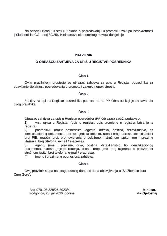 PRAVILNIK O OBRASCU ZAHTJEVA ZA UPIS  U REGISTAR POSREDNIKA