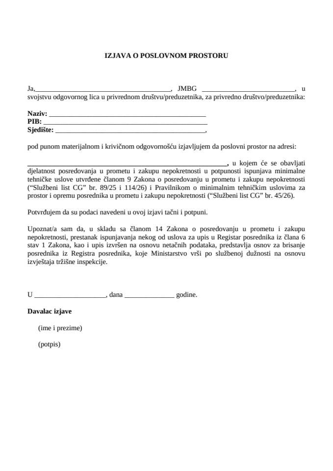 IZJAVA O POSLOVNOM PROSTORU