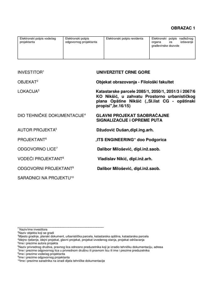 13. GLAVNI PROJEKAT SIGNALIZACIJA FILOLOŠKI FAKULTET NIKŠIĆ EP