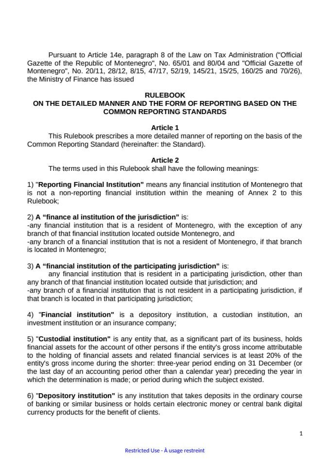 Rulebook on the detailed manner and the form of reporting based on Common Reporting Standards
