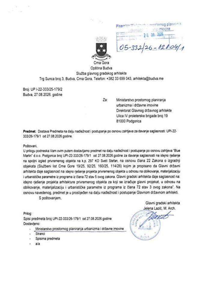 Zahtjevi investitora za davanje saglasnosti glavnog državnog arhitekte - 28.08.2026 Zahtjev -BLUE MARLIN DOO, Podgorica -Opština Budva