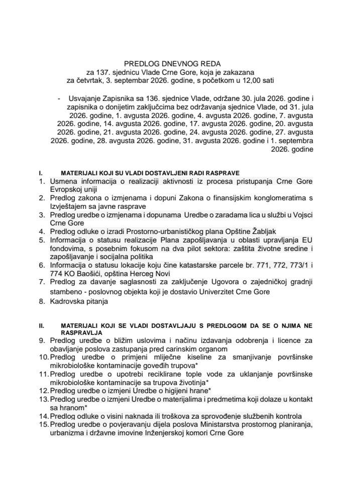 Предлог дневног реда за 137. сједницу Владе Црне Горе