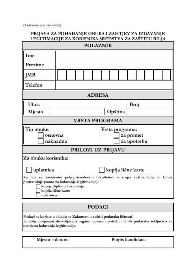 Obrazac - prijava za pohađanje obuke
