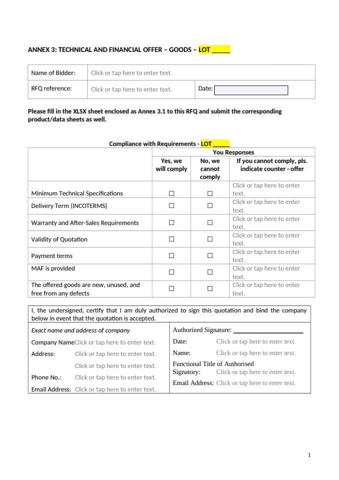 Annex 3 Technical And Financial Offer – Goods RFQ 01-26