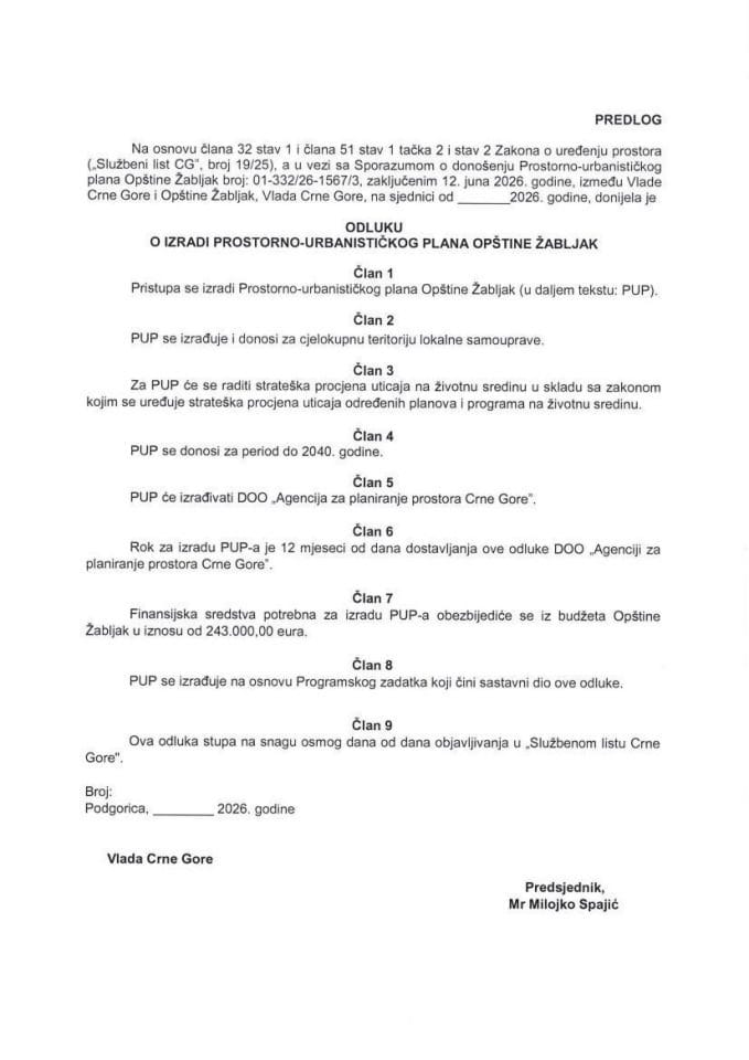Predlog odluke o izradi Prostorno-urbanističkog plana Opštine Žabljak