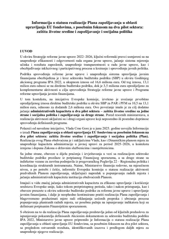 Informacija o statusu realizacije Plana zapošljavanja u oblasti upravljanja EU fondovima, s posebnim fokusom na dva pilot sektora: zaštita životne sredine i zapošljavanje i socijalna politika