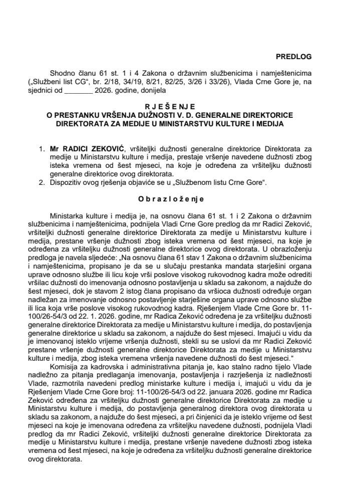 Predlog za prestanak vršenja dužnosti v.d. generalne direktorice Direktorata za medije u Ministarstvu kulture i medija
